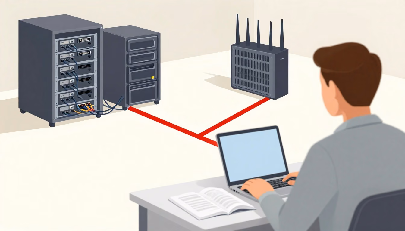 A learner reviews study materials beside a network rack, with a shared path branching toward a chosen specialization.