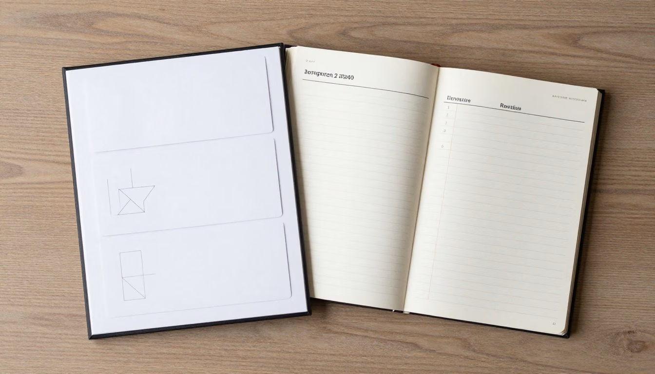 An open technical study book beside practice cards and a simple review planner on a desk, viewed from above.