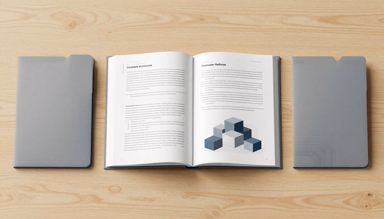 An organized study desk with a networking book and two document folders arranged for syllabus comparison.