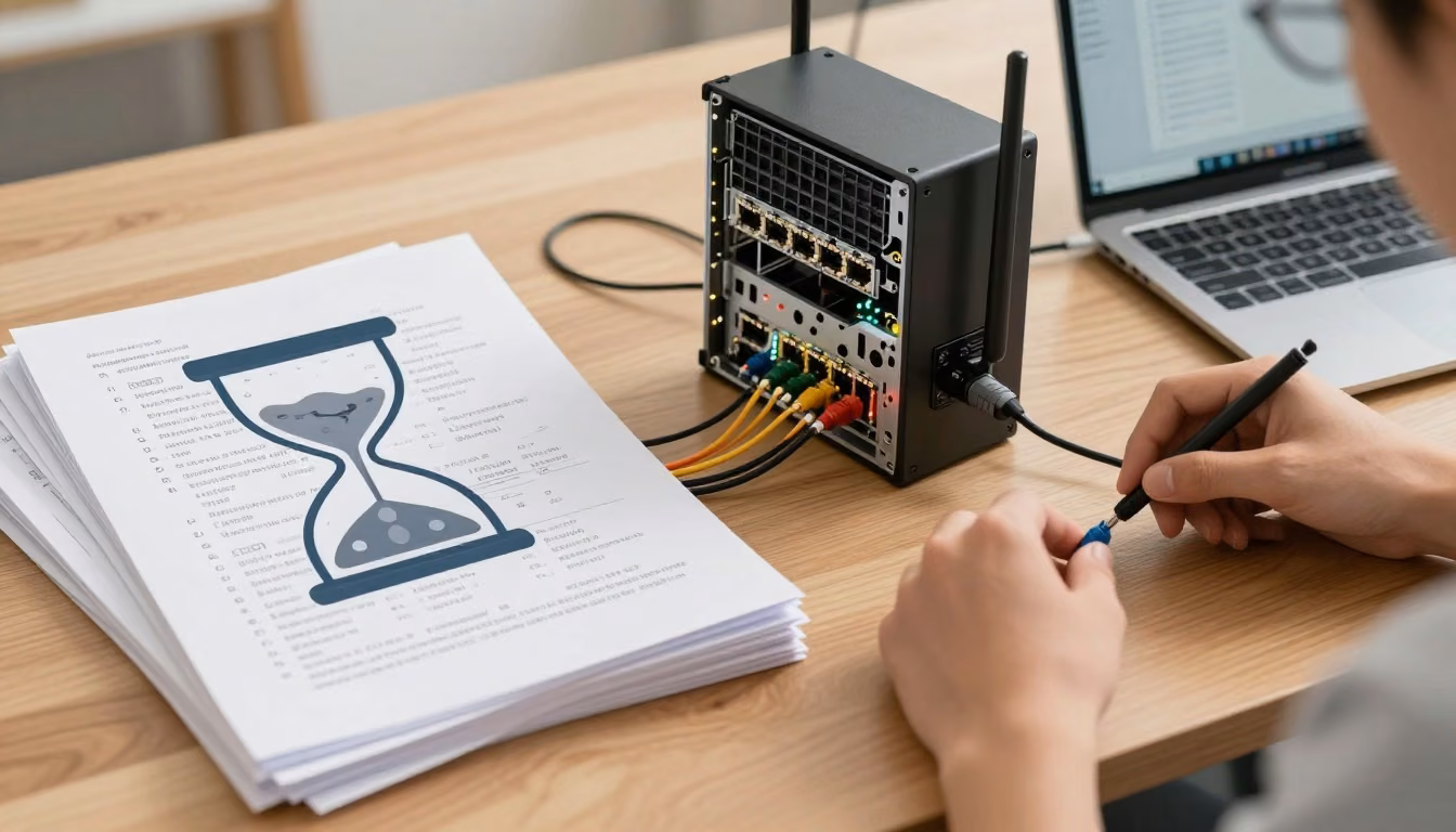 A learner compares practice questions with hands-on network troubleshooting at a study desk.