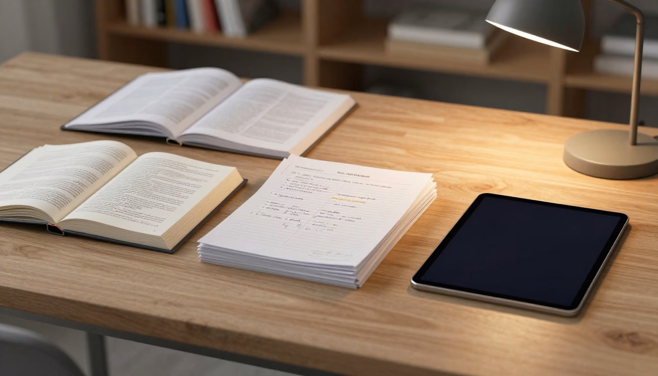 A learner compares a study book, practice papers, and a blank-screen tablet at an organized desk.