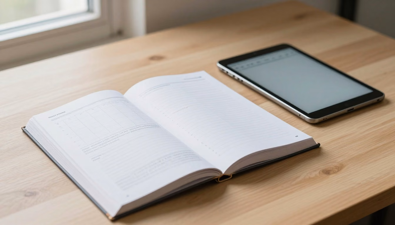 An open study guide beside a tablet and paper calendar on a quiet desk, arranged in a balanced three-quarter composition with soft directional light.