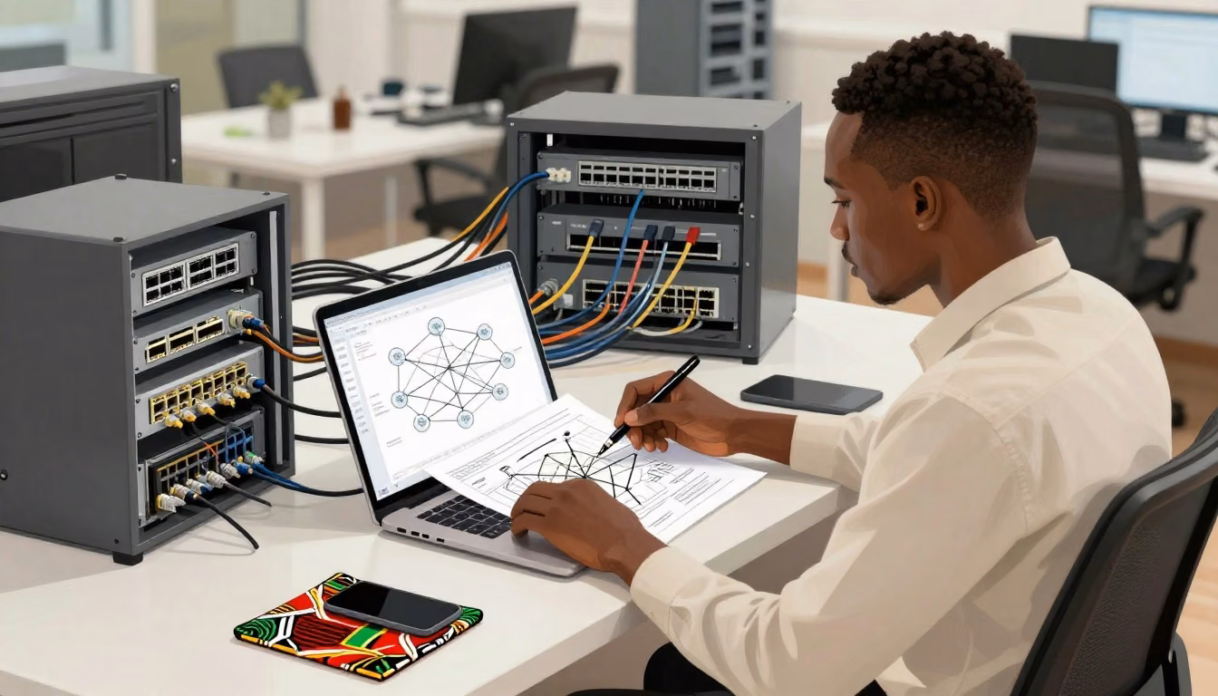 A networking professional studying beside a laptop and network equipment, with cables leading toward an infrastructure workspace.