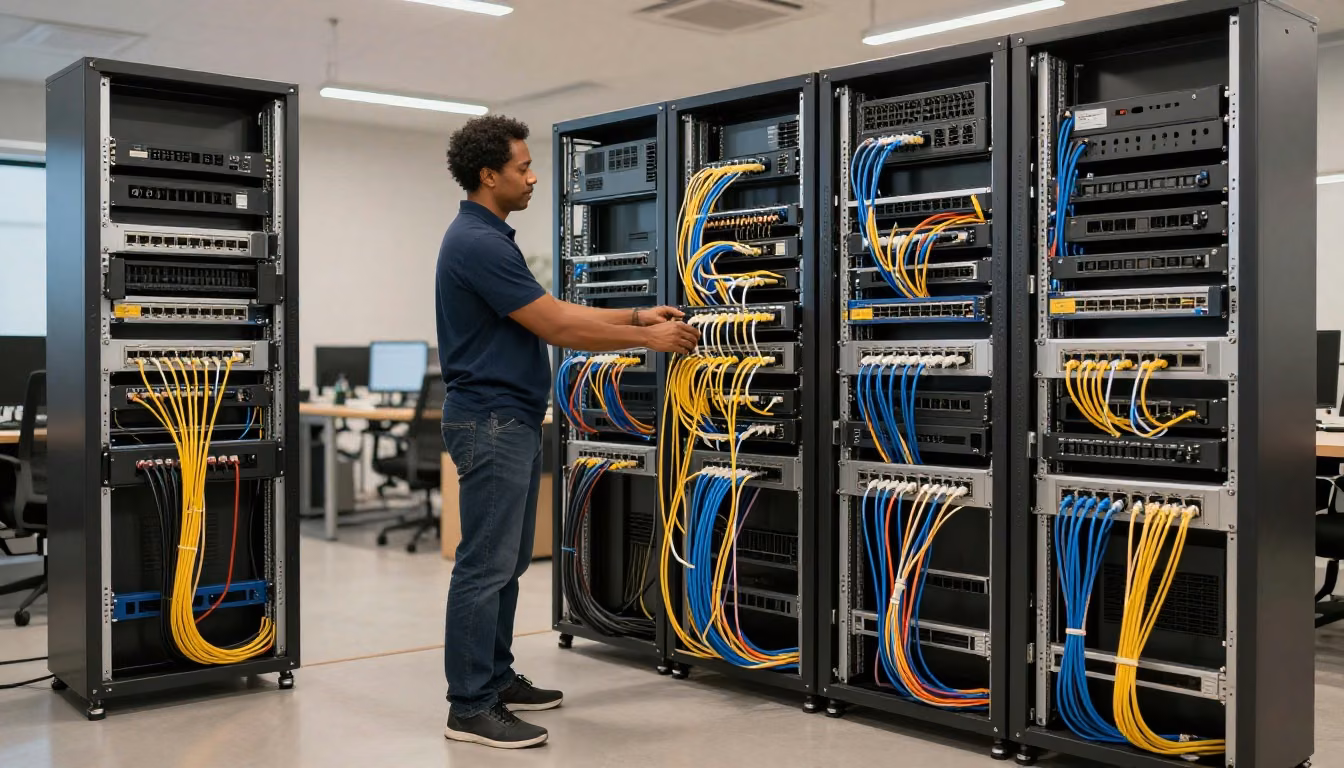 Enterprise networking professional beside connected network equipment in a balanced technical workspace.