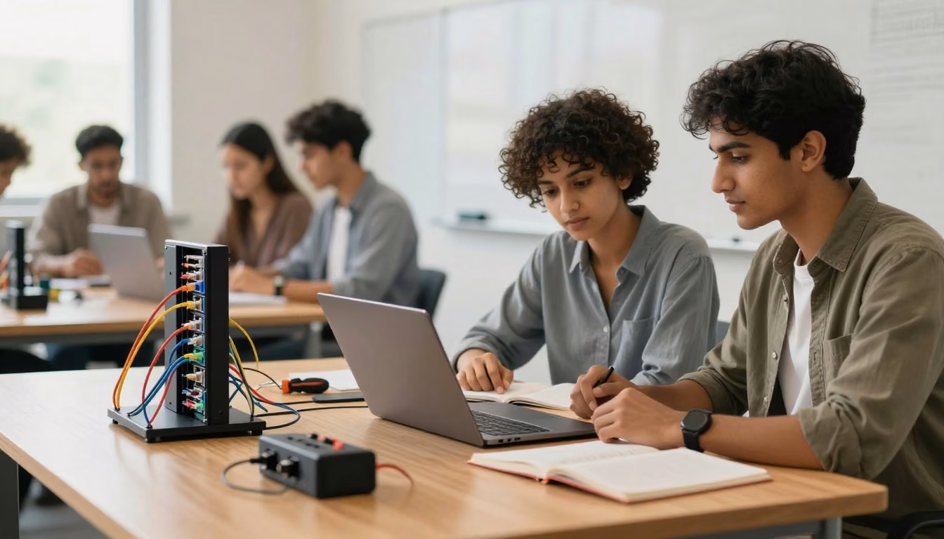 A learner studies networking equipment and connected cables at a desk in a practical training environment.