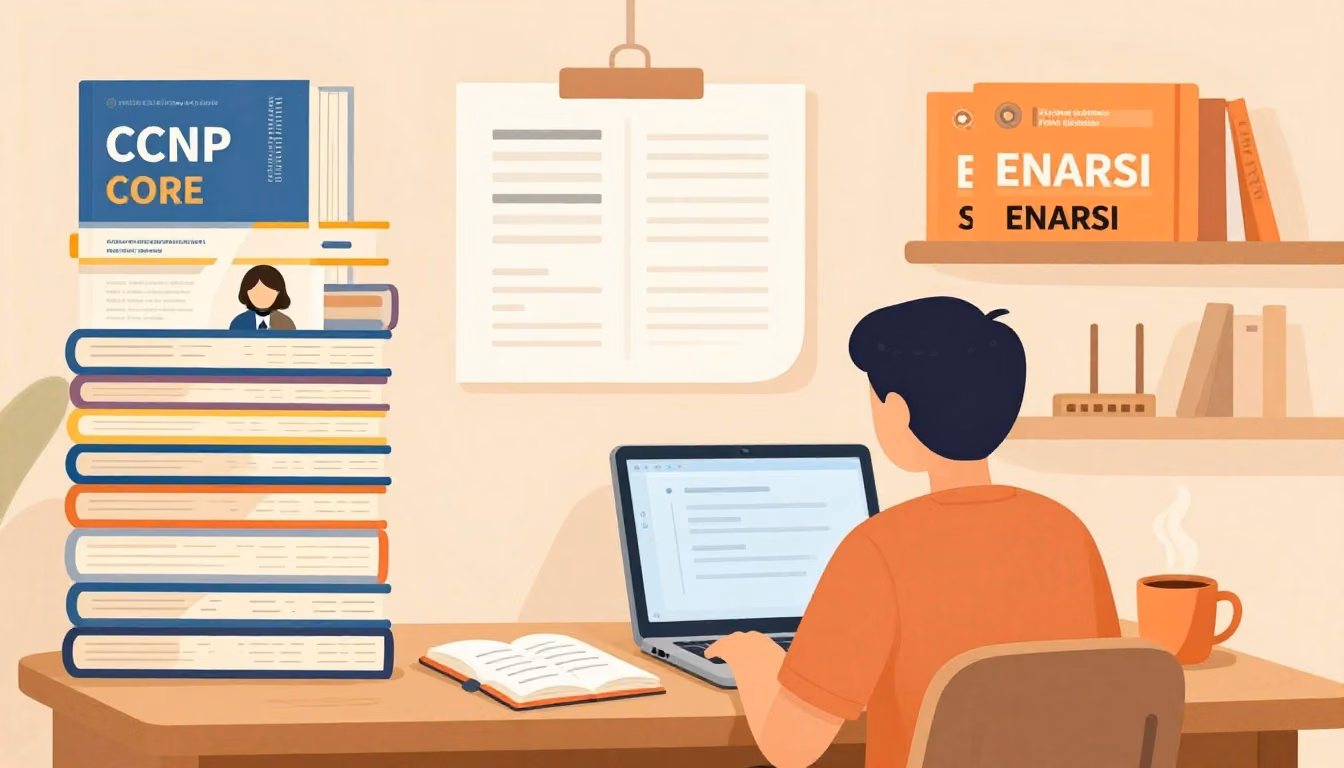 An unnamed learner compares two network study paths at a desk with a laptop and subtle equipment silhouettes.