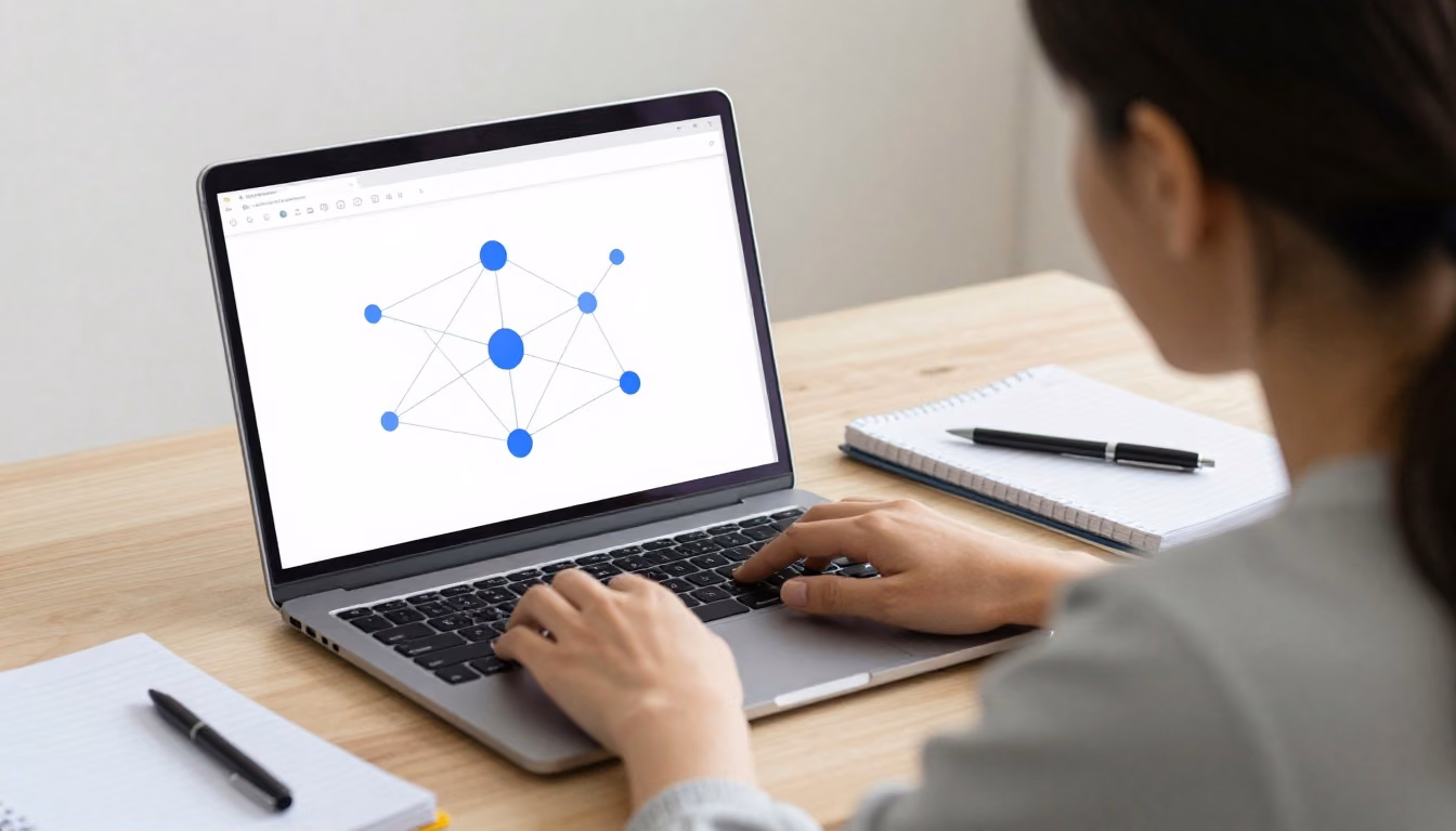Learner practicing network configuration in a virtual lab at a desk, shown in a focused three-quarter workspace composition.