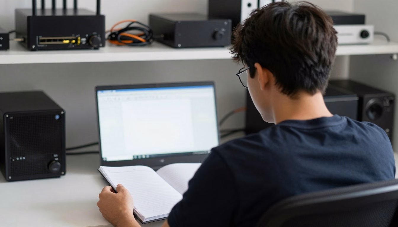 Learner studying networking concepts at a desk with blank study materials and physical network equipment in the background.