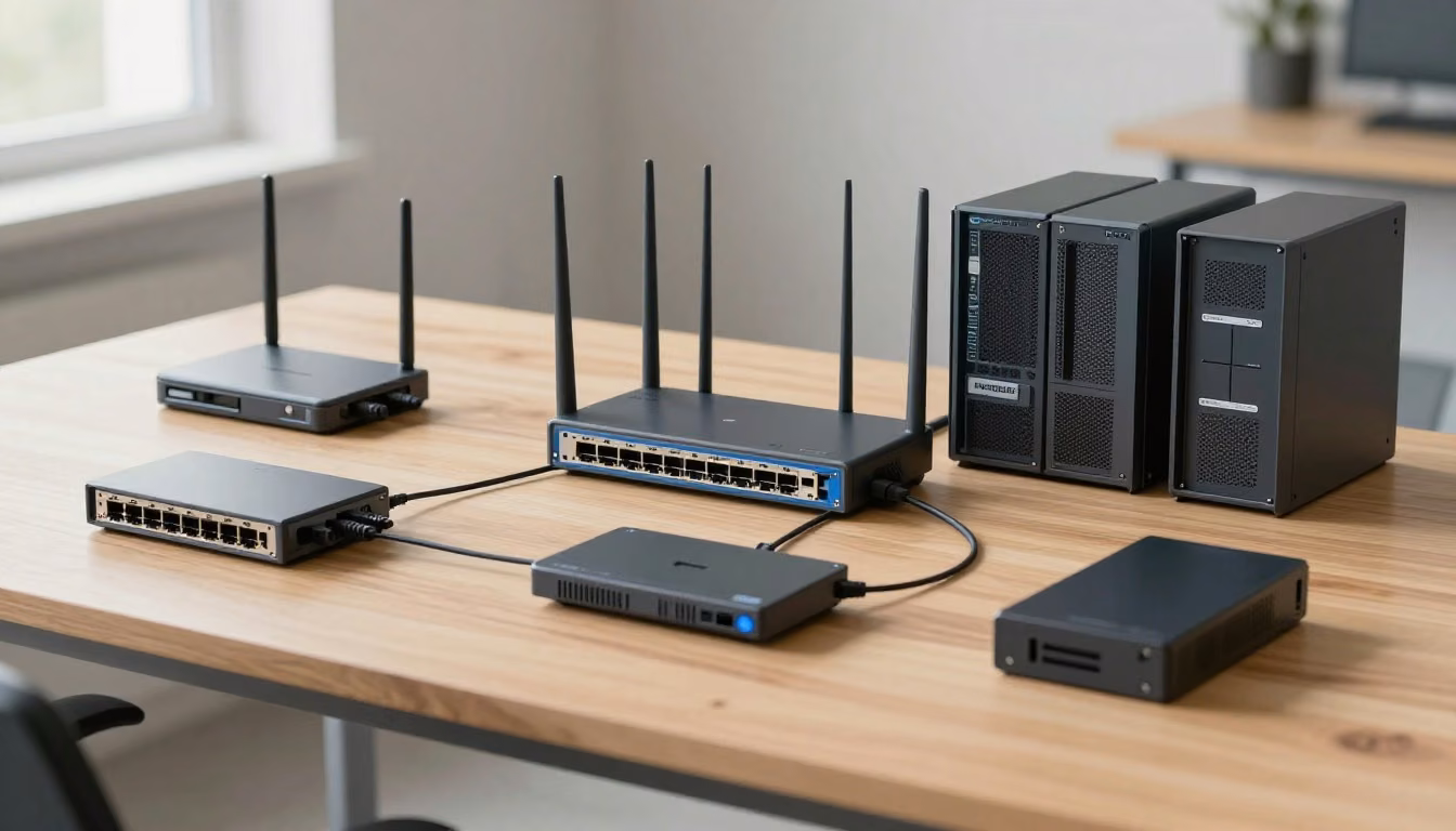 Network equipment arranged in a broad central group beside a separate smaller group on a study-room worktable, viewed from an eye-level angle.