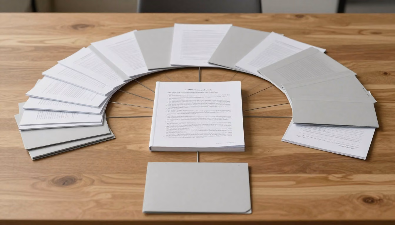 A study desk with blank papers and folders arranged as a branching certification pathway from foundational study toward separate exam choices.