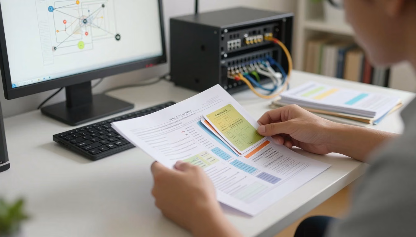 A focused learner studies printed practice materials, draggable cards, and a network lab setup arranged across a desk.