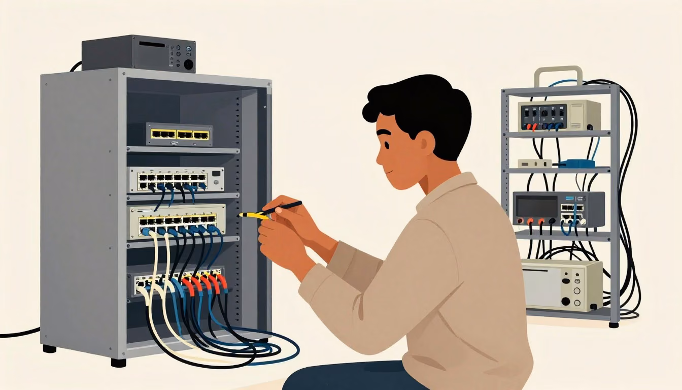 A network technician checks connected devices at a lab bench, with a simple setup beside a more involved arrangement being adjusted.