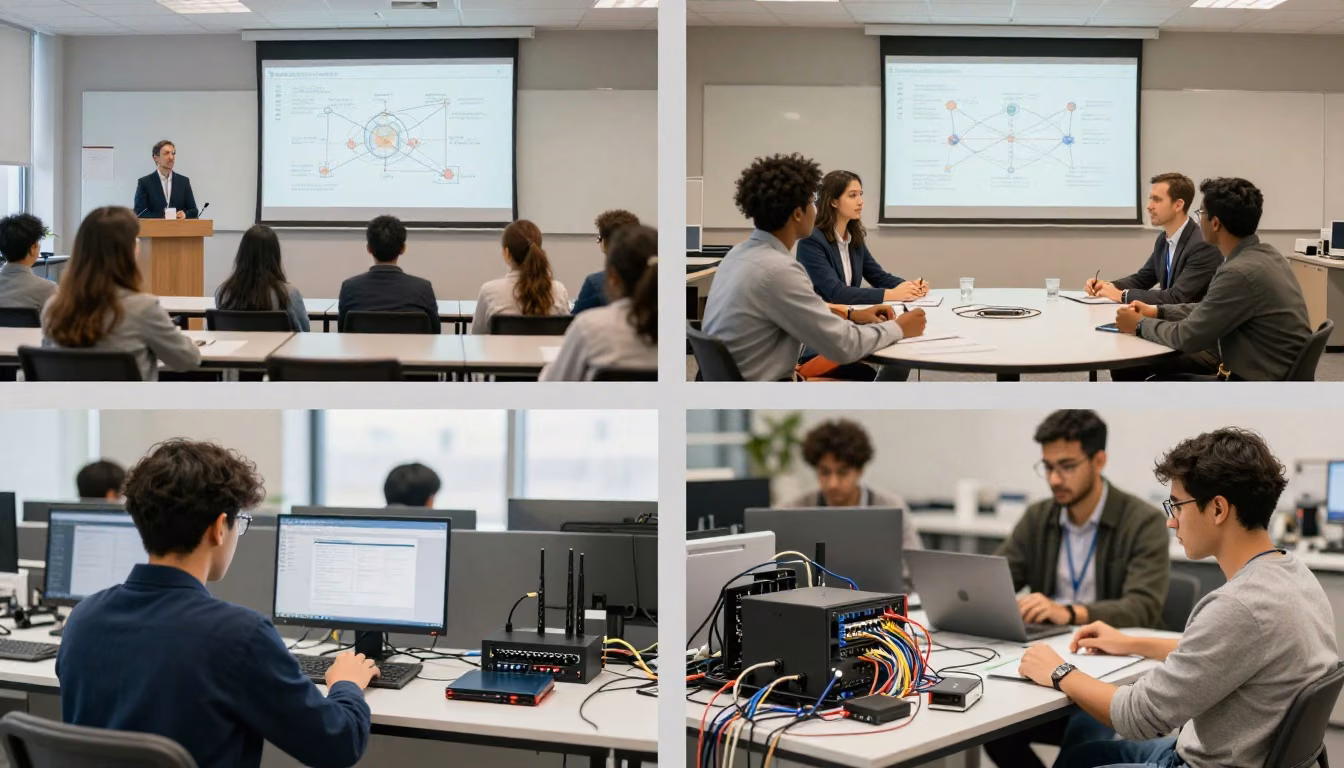 A learner compares live coaching settings, trainer interaction, and hands-on networking equipment in a professional training environment.
