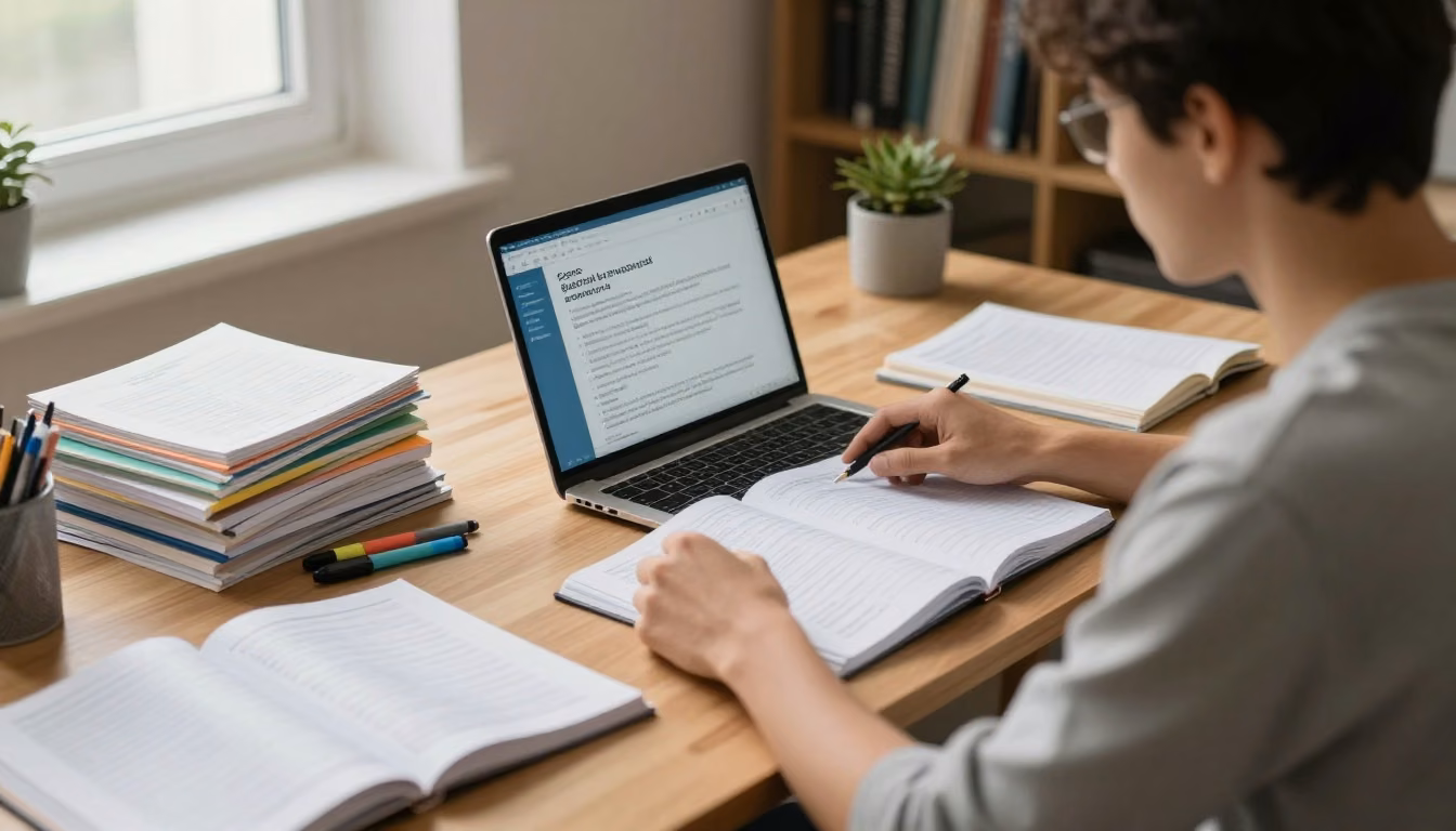 A learner comparing course materials at a desk with a laptop and notebook in a focused study setting.